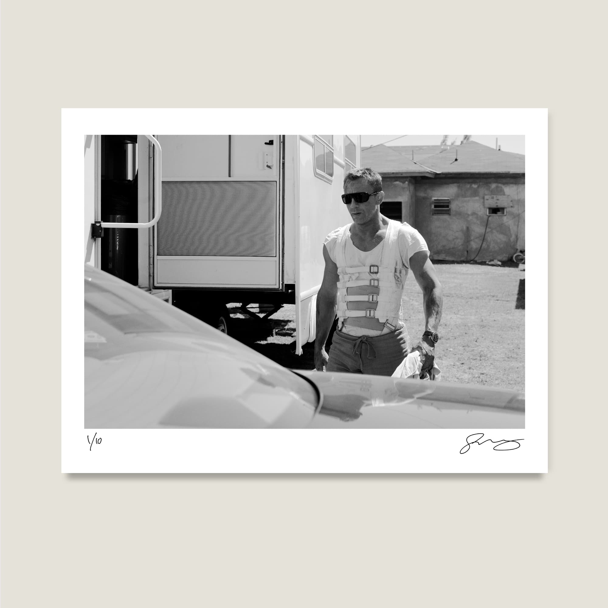 Daniel Craig in his stunt harness on location in Nassau, Bahamas. Casino Royale, 2006. Photograph by Greg Williams.